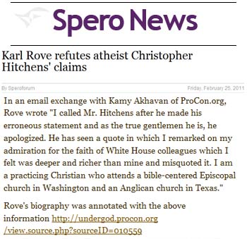 Spero News Carl Rove refutes atheist Christopher Hitchens claims Spero News Carl Rove refutes atheist Christopher Hitchens claims